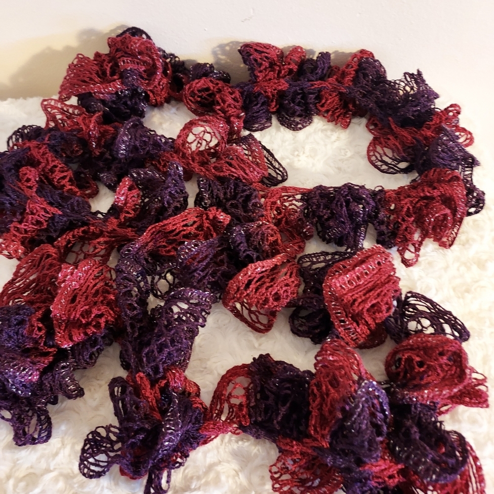 Purple & Red Jewel Tone Shimmery Crocheted Accent Ruffle Scarf 72" Holiday